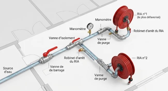 Schéma d'implantation de deux RIA sur un réseau d'eau, avec vannes, manomètres et robinets d'arrêt