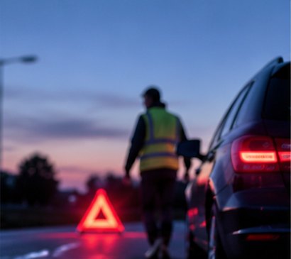 Conducteur en gilet près d'un véhicule en panne avec triangle