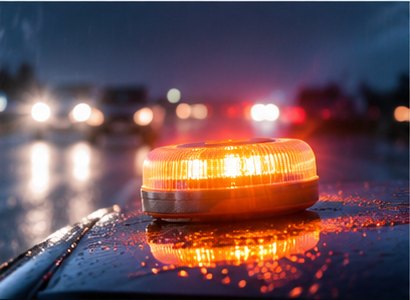 Balise sur un véhicule sous la pluie de nuit